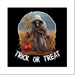 Grim Reaper In A Cornfield - Trick Or Treat (White Lettering) Posters and Art